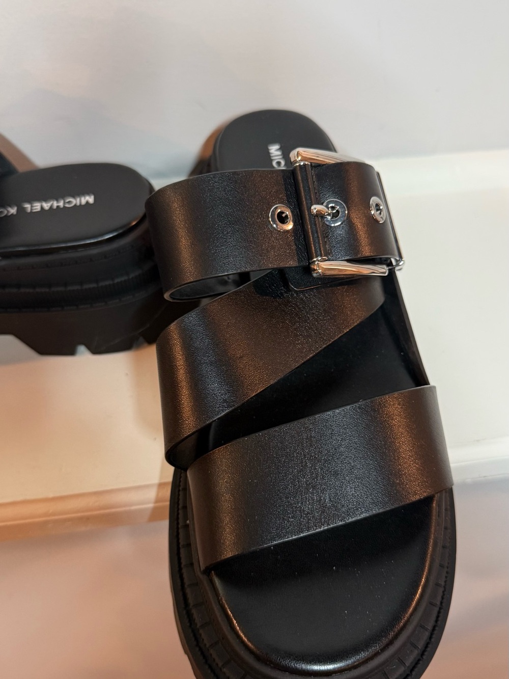 Michael Kors Black Lug-Sole Double Strap Slide Sandals - Picture 3 of 8